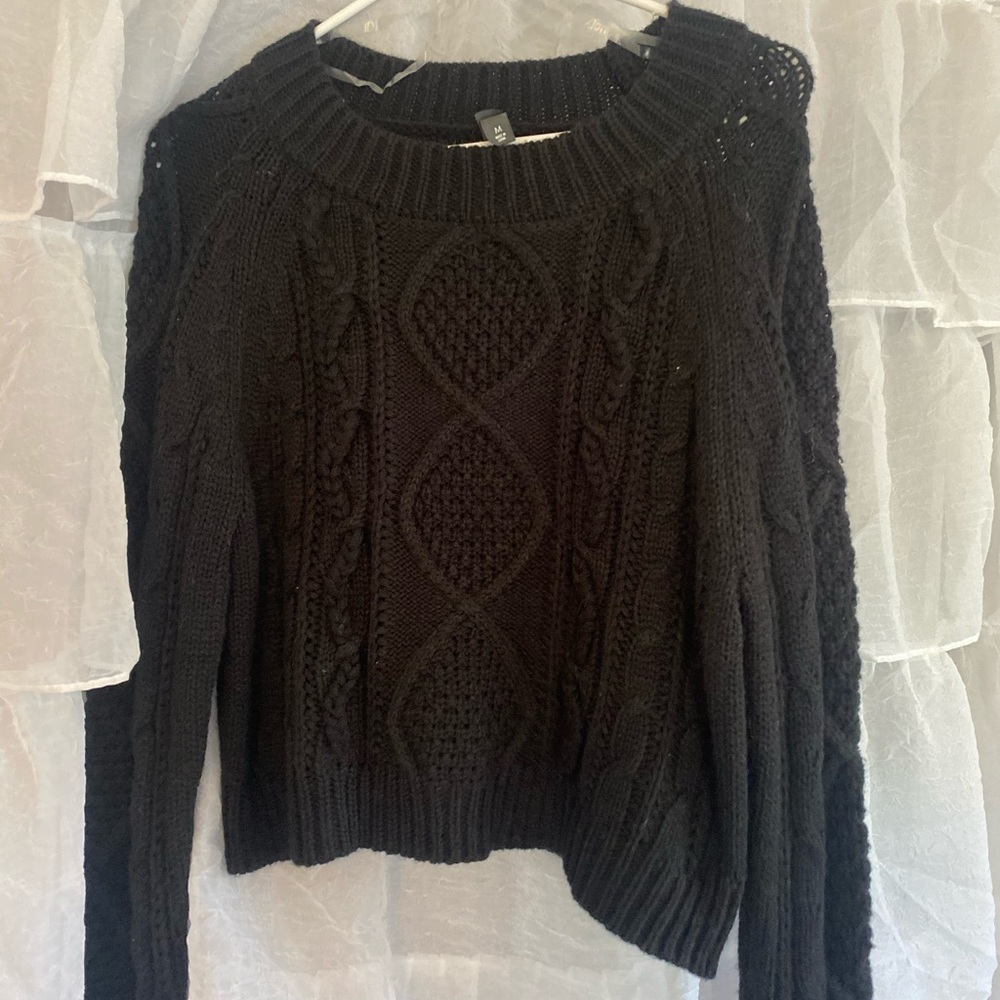 Cropped Black Cable Knit Sweater
